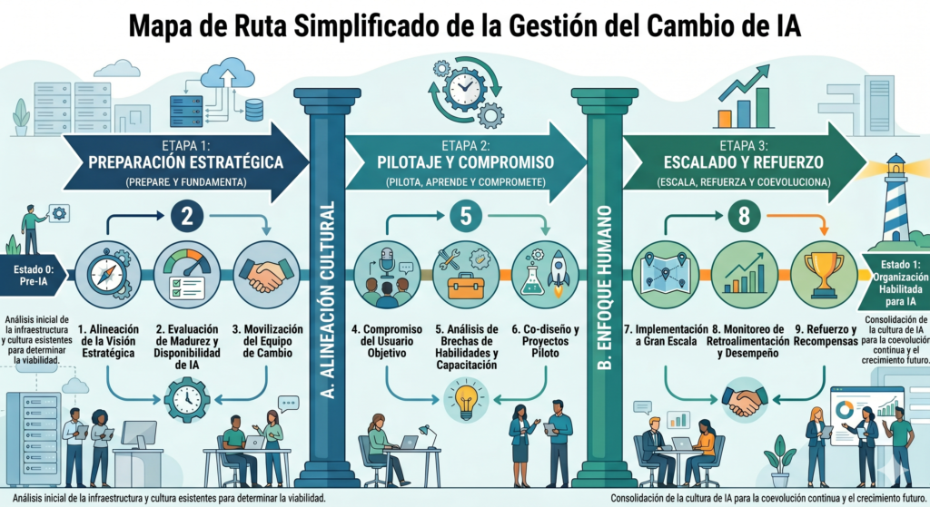 Road Map de adopción IA  con gestión del cambio Modelo A2C